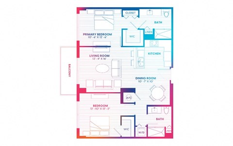 Floor plan for 2 beds, 2 baths, 1100 sqft